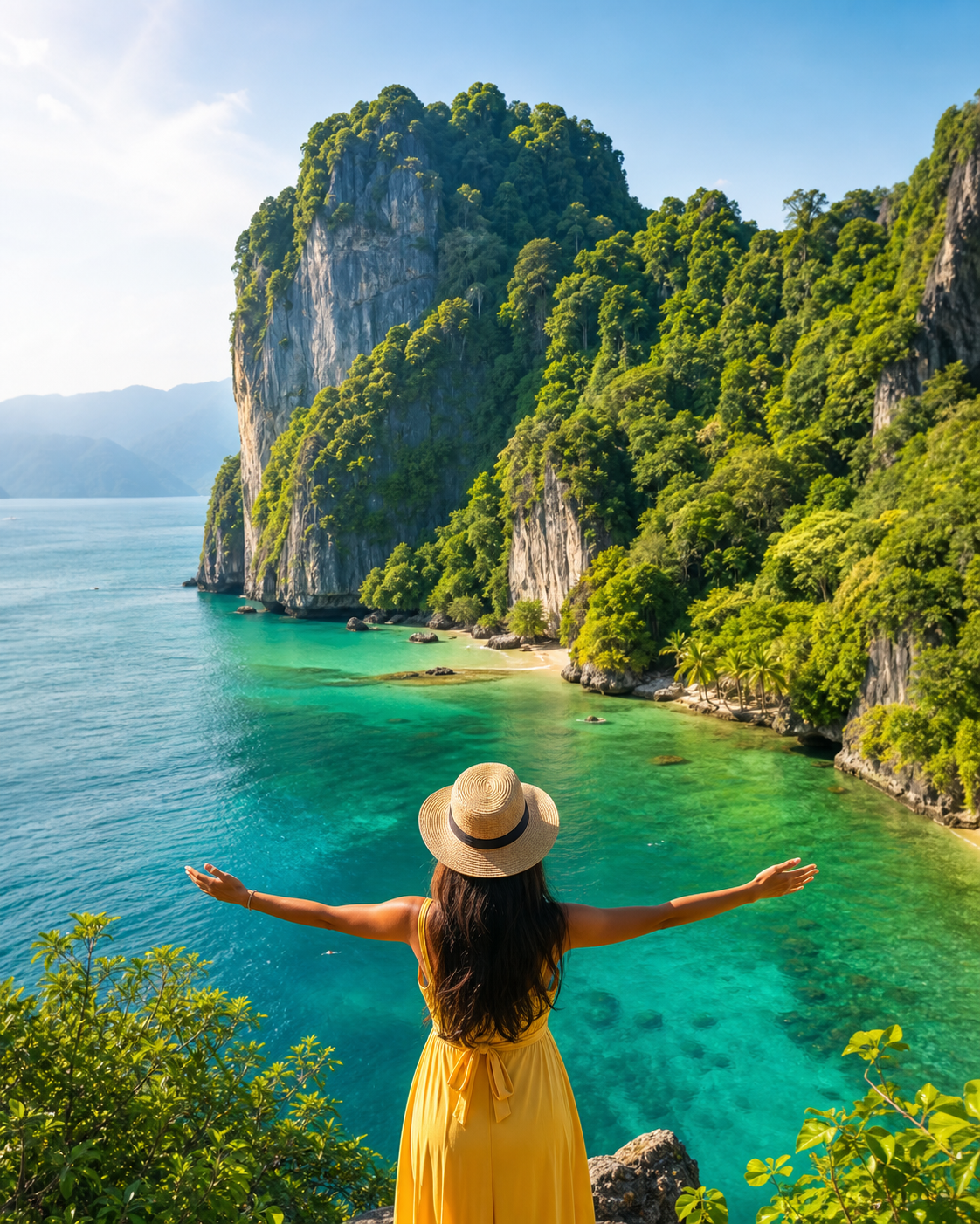 Traveler overlooking a tropical island lagoon